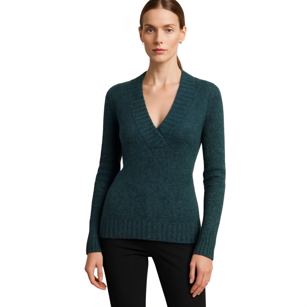 Moda International Teal V-Neck Wool Blend Sweater – Size S